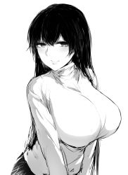 Rule 34 | 1girl, bad id, bad tumblr id, blush, breasts, closed mouth, commentary request, greyscale, highres, hometa, huge breasts, long hair, long sleeves, looking at viewer, monochrome, original, simple background, sketch, smile, solo, sweater, upper body, white background