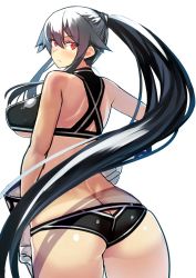 Rule 34 | 10s, 1girl, alternate costume, arm at side, ass, ass cutout, black hair, breasts, butt crack, clothing cutout, competition swimsuit, eyebrows, female focus, from behind, gloves, hair between eyes, hand on own hip, highres, kantai collection, large breasts, light smile, long hair, looking at viewer, looking back, midriff, one-piece swimsuit, ponytail, sidelocks, simple background, smile, solo, swimsuit, takamura wamu, tan, tanline, underboob, very long hair, white gloves, yahagi (kancolle)