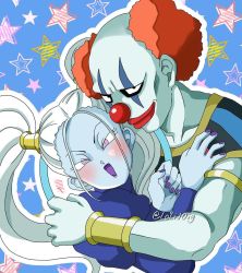 Rule 34 | 10s, 1boy, 1girl, :d, angel (dragon ball), armlet, black eyes, blue background, blush, bracelet, bracer, c:, closed mouth, clown, clown nose, collarbone, colored skin, couple, dragon ball, dragon ball super, facial mark, grey skin, hakaishin, happy, head tilt, hetero, highres, hug, interspecies, jewelry, lips, lipstick, long hair, long sleeves, looking at viewer, makeup, marcarita (dragon ball), nail polish, neck, open mouth, orange hair, outline, pale skin, puffy long sleeves, puffy sleeves, purple eyes, purple lips, purple nails, short hair, smile, star (symbol), starry background, twintails, universe 11 (dragon ball), upper body, vermoud, white hair, white outline, white skin