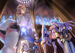 Rule 34 | 4girls, aegis (persona), android, antenna hair, armor, armored dress, ass, bad perspective, bare shoulders, blonde hair, blue eyes, blue hair, blue wings, boots, breasts, cannon, church, cleavage, cleavage cutout, clothing cutout, crossover, dress, dual wielding, feathered wings, floating hair, foreshortening, from below, garter straps, gwendolyn (odin sphere), headphones, highres, holding, holding staff, holding sword, holding weapon, huge weapon, indoors, joints, knee boots, kos-mos, large breasts, leaning forward, lenneth valkyrie, leotard, long hair, medium breasts, multiple girls, negresco, odin sphere, panties, pantyshot, pauldrons, persona, persona 3, pteruges, red eyes, robot joints, short dress, short hair, shoulder armor, silver hair, staff, stained glass, standing, sunlight, sword, thighhighs, tiara, underboob, underwear, valkyrie profile (series), weapon, white dress, white legwear, white panties, winged hat, wings, xenosaga