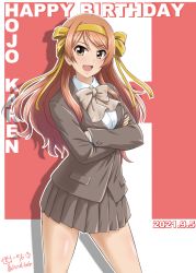 Rule 34 | 1girl, artist name, blazer, bow, bowtie, brown eyes, brown hair, character name, commentary request, cosplay, cowboy shot, crossed arms, dated, diesel-turbo, dress shirt, english text, female focus, grey jacket, grey skirt, hair ribbon, happy birthday, highres, hojo karen, idolmaster, idolmaster cinderella girls, jacket, kouyouen academy school uniform, long hair, looking at viewer, miniskirt, official alternate hair length, official alternate hairstyle, open mouth, partial commentary, pleated skirt, ribbon, school uniform, shadow, shirt, signature, skirt, smile, solo, standing, suzumiya haruhi, suzumiya haruhi (cosplay), suzumiya haruhi no yuuutsu, swept bangs, white shirt, wing collar, yellow ribbon