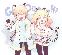 Rule 34 | !, !!, 1boy, 1girl, alternate hairstyle, animal ear fluff, animal ears, black leggings, black pants, blonde hair, blue coat, blue sweater, blush, bow, brother and sister, claw pose, coat, commentary, crop top, cropped jacket, double-parted bangs, drawstring, fang, feet out of frame, fur-trimmed coat, fur-trimmed jacket, fur-trimmed shorts, fur trim, hair between eyes, highres, jacket, lapels, leggings, light blue background, long hair, long sleeves, looking at viewer, lower teeth only, multicolored background, multicolored coat, open mouth, orange eyes, orange hair, pants, pastel colors, pink bow, pink eyes, pink hair, pocket, poppu usagi, project sekai, roaring, short hair, shorts, siblings, sound effects, sweater, tail, teeth, tenma saki, tenma tsukasa, tiger ears, tiger stripes, tiger tail, translated, twintails, unbuttoned, white background, white coat, white jacket, white shorts