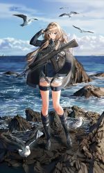 Rule 34 | 1boy, an-94 (girls&#039; frontline), assault rifle, bird, black gloves, blonde hair, blue eyes, blue footwear, blue sky, blurry, blurry background, blush, closed mouth, cloud, girls&#039; frontline, gloves, gun, hair between eyes, headband, highres, holding, holding gun, holding weapon, jacket, long hair, mask, ocean, outdoors, rifle, rock, seagull, shorts, silence girl, sky, smile, standing, tactical clothes, thigh strap, water, waves, weapon, white shorts