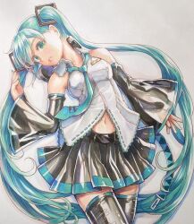Rule 34 | 1girl, aqua eyes, aqua hair, aqua nails, aqua necktie, bare shoulders, black footwear, black skirt, black sleeves, boots, breasts, collarbone, detached sleeves, green eyes, hair ornament, hatsune miku, headphones, headphones around neck, headset, highres, long hair, looking at viewer, lying, marker (medium), mayo riyo, medium breasts, midriff peek, navel, neck, necktie, on back, open clothes, open shirt, parted lips, piano print, pleated skirt, see-through, see-through sleeves, shirt, sideways glance, skindentation, skirt, sleeveless, sleeveless shirt, solo, thigh boots, thighhighs, tie clip, traditional media, twintails, unbuttoned, very long hair, vocaloid, zettai ryouiki