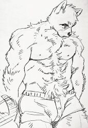 Rule 34 | 1boy, animal ears, bara, boxers, bulge, cowboy shot, dickfish (fishismdick), dog boy, dog ears, fluffy, furrification, furry, furry male, highres, john rottweil (dickfish), large pectorals, looking to the side, male focus, male underwear, muscular, muscular male, navel, navel hair, nipples, original, pectorals, scan, short hair, sketch, solo, stomach, thick eyebrows, thick thighs, thighs, topless male, traditional media, underwear, underwear only