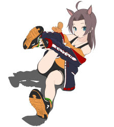 Rule 34 | 1girl, absurdres, ahoge, alternate costume, animal ears, black footwear, black gloves, black jacket, black shorts, blue eyes, brown hair, closed mouth, colored shoe soles, commentary, ebi frion (natsuiro matsuri), full body, gloves, highres, hololive, horse ears, jacket, long hair, long sleeves, looking at viewer, mocha (snowflake), natsuiro matsuri, off shoulder, open clothes, open jacket, orange shirt, partially fingerless gloves, putting on shoes, shirt, shoes, shorts, simple background, sitting, sneakers, solo, squirrel, tachi-e, virtual youtuber, white background