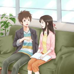Rule 34 | 10s, 1boy, 1girl, black hair, blue eyes, blush, book, braid, brown eyes, brown hair, commentary request, couch, eye contact, french braid, gacha (amenohi no koneko), hair ribbon, jewelry, kimi no na wa., long hair, looking at another, miyamizu mitsuha, necklace, aged up, open book, open mouth, pendant, plant, red ribbon, ribbon, sitting, smile, star (symbol), star necklace, tachibana taki, window