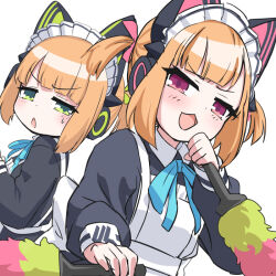 Rule 34 | 2girls, :3, :d, alternate costume, animal ear headphones, animal ears, apron, blue archive, blue bow, blue bowtie, blunt bangs, bow, bowtie, cat ear headphones, commentary request, enmaided, fake animal ears, green eyes, hair bow, hair ribbon, halo, headphones, light brown hair, long sleeves, looking at viewer, maid, maid apron, maid headdress, midori (blue archive), midori (maid) (blue archive), momoi (blue archive), momoi (maid) (blue archive), multiple girls, o (rakkasei), official alternate costume, one side up, open mouth, parted bangs, parted lips, red eyes, ribbon, short hair, siblings, sidelocks, simple background, sisters, smile, sweatdrop, twins, white background