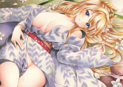 Rule 34 | 1girl, azur lane, blonde hair, blue eyes, blush, breasts, breasts apart, floral print, flower, hair ornament, japanese clothes, kimono, large breasts, long hair, looking at viewer, lying, marker (medium), no panties, on back, open clothes, open kimono, petals, print kimono, purple kimono, saya pr, smile, solo, traditional media, victorious (azur lane), victorious (upon nights brisk and beautiful) (azur lane)