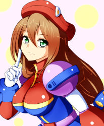 Rule 34 | 1girl, android, armor, belt, beret, breasts, brown hair, capcom, dress, finger to face, from side, gloves, green eyes, hair between eyes, hat, iris (mega man), large breasts, leaning forward, long hair, looking at viewer, looking back, low-tied long hair, mega man (series), mega man x4, mega man x (series), polka dot, polka dot background, ponytail, smile, solo, turtleneck, upper body, very long hair