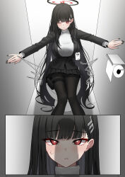 Rule 34 | 1girl, 1other, black hair, black nails, black pantyhose, black skirt, blue archive, blush, breasts, bright pupils, fingernails, hair ornament, hairpin, halo, highres, large breasts, long hair, long sleeves, looking at viewer, mijikayo, nail polish, one eye closed, pantyhose, pleated skirt, red eyes, ribbed sweater, rio (blue archive), shadow, skirt, solo focus, sweater, towel, white pupils, white sweater
