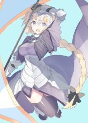 Rule 34 | 1girl, armor, black gloves, black thighhighs, blonde hair, blue background, blue eyes, breasts, capelet, eka eri, fate/apocrypha, fate/grand order, fate (series), faulds, flag, gauntlets, gloves, headpiece, holding, holding polearm, holding weapon, jeanne d&#039;arc (fate), jeanne d&#039;arc (ruler) (fate), large breasts, long braid, long hair, looking at viewer, medium breasts, open mouth, plackart, polearm, purple capelet, simple background, solo, thighhighs, weapon
