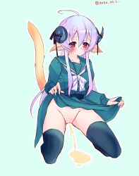 Rule 34 | 1girl, animal ears, clothes lift, dress, dress lift, highres, horns, lifting own clothes, no panties, original, peeing, puddle, purple hair, pussy, red eyes, solo, squatting, tail, thighhighs, uncensored, yuzuru (yuzu ko 1)