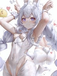 Rule 34 | :3, absurdres, animal ears, armpits, arms up, ass, azur lane, bird, braid, chick, covered navel, di qi gang guang, fake animal ears, hair between eyes, hairband, heart, highleg, highres, index fingers raised, le malin (azur lane), le malin (listless lapin) (azur lane), leotard, low twintails, manjuu (azur lane), official alternate costume, playboy bunny, rabbit ears, rabbit pose, rabbit tail, see-through, simple background, standing, standing on one leg, sweat, symbol-shaped pupils, tail, thighhighs, twin braids, twintails, wet, wet clothes, white background, white legwear, white leotard, wrist cuffs, zettai ryouiki