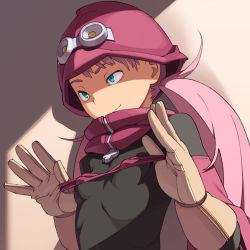 Rule 34 | 00s, 1girl, aqua eyes, bandana, bodysuit, breasts, cynthia lane, covered erect nipples, gloves, go robots, green eyes, hat, long hair, looking away, overman king gainer, pink hair, ponytail, scarf, skin tight, small breasts, solo, twintails, upper body