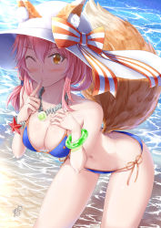 Rule 34 | 1girl, :d, ;), absurdres, animal ear fluff, animal ears, ayakase hotaru, bare arms, bare legs, bare shoulders, beach, bikini, blue bikini, blush, bow, bracelet, breasts, butt crack, cleavage, closed mouth, collarbone, commentary request, day, ears through headwear, eyelashes, fate/grand order, fate (series), finger to mouth, fox ears, fox tail, groin, hair between eyes, hair tie, halterneck, hand on own chest, hands up, hat, hat bow, highres, index finger raised, jewelry, large breasts, leaning forward, long hair, looking at viewer, navel, necklace, ocean, one eye closed, open mouth, outdoors, pink hair, shushing, side-tie bikini bottom, side ponytail, signature, smile, solo, strap gap, string bikini, striped, striped bow, sun hat, swimsuit, tail, tamamo (fate), tamamo no mae (fate/extra), tamamo no mae (swimsuit lancer) (fate), tamamo no mae (swimsuit lancer) (third ascension) (fate), water, white hat, yellow eyes