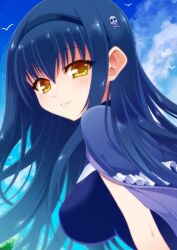 Rule 34 | 1girl, bird, black hair, black hairband, black shirt, blue capelet, blue sky, blush, bone hair ornament, breasts, capelet, commentary, eyelashes, floating hair, frilled capelet, frills, from side, hair between eyes, hair ornament, hairband, highres, ikeda jun (aquaqua), kushima kamome, large breasts, long hair, looking at viewer, non-web source, outdoors, parted lips, seagull, shirt, skull and crossbones, skull hair ornament, sky, smile, solo, straight hair, summer pockets, tsurime, upper body, very long hair, yellow eyes
