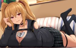 Rule 34 | 1girl, :q, between breasts, black shirt, black socks, blonde hair, blush, breasts, choker, cleavage, closed mouth, collarbone, food, hair between eyes, hair ornament, hair scrunchie, head rest, huge breasts, indoors, kanzaki kureha, kneehighs, long sleeves, looking at viewer, lying, on stomach, open mouth, original, plaid, plaid skirt, pocky, red eyes, red scrunchie, scrunchie, shirt, sidelocks, skirt, smile, socks, solo, thigh strap, thighs, tongue, tongue out, twintails