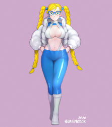 Rule 34 | 1girl, alternate costume, alternate hairstyle, aqua eyes, asymmetrical bangs, bespectacled, blue-framed eyewear, blue pants, boots, braid, breasts, commentary, cropped jacket, down jacket, earrings, english commentary, full body, glasses, grey jacket, halterneck, hands on own hips, heart, heart earrings, highleg, highleg panties, highres, jacket, jewelry, knee boots, large breasts, long braid, long hair, navel, no bra, panties, pants, pink background, quasimodox, rainbow mika, shiny clothes, shrug (clothing), silver footwear, silver panties, solo, street fighter, tight clothes, tight pants, twin braids, underwear, very long hair, walking, wide hips
