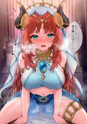 Rule 34 | 1boy, 1girl, ayomo ro, bare shoulders, blush, breasts, cowgirl position, fake-horns, genshin impact, girl on top, green eyes, hetero, highres, large breasts, long hair, looking at viewer, navel, nilou (genshin impact), open mouth, red hair, see-through, sex, solo focus, straddling, tearing up, thighlet, translation request, variant set, white headwear