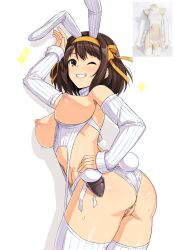 Rule 34 | 1girl, animal ears, arm up, ass, bob cut, brown eyes, brown hair, commentary request, detached sleeves, fake animal ears, fake tail, female focus, from behind, hair ribbon, hairband, hand on own hip, haruhisky, highres, long sleeves, medium hair, meme attire, nipples, nontraditional playboy bunny, pussy, rabbit ears, rabbit tail, ribbon, simple background, smile, solo, source request, sparkle, suzumiya haruhi, suzumiya haruhi no yuuutsu, tail, teeth, thighhighs, uncensored, upper teeth only, virgin destroyer sweater, white background, white sleeves, white thighhighs, yellow hairband, yellow ribbon