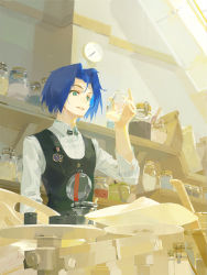 Rule 34 | 1boy, a-shacho, bag, beaker, black vest, blue hair, clock, collared shirt, commentary request, creatures (company), from below, game freak, green eyes, holding, indoors, james (pokemon), jar, male focus, nintendo, open mouth, pokemon, pokemon (anime), scales, shelf, shirt, solo, striped clothes, striped shirt, team rocket, vertical-striped clothes, vertical-striped shirt, vest