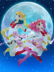 Rule 34 | 2girls, ass, bishoujo senshi sailor moon, blonde hair, blue eyes, blue sailor collar, boots, bow, breasts, brooch, chibi usa, choker, cone hair bun, double bun, earrings, elbow gloves, full moon, gloves, hair bun, hair ornament, heart, heart brooch, high heel boots, high heels, highres, jewelry, knee boots, leotard, lipstick, long hair, magical girl, makeup, moon, multicolored clothes, multicolored skirt, multiple girls, pink footwear, pink hair, puckered lips, quad tails, red bow, red eyes, sailor chibi moon, sailor collar, sailor moon, sailor senshi, setsuna22, skirt, small breasts, sparkle, super sailor chibi moon, super sailor moon, tiara, tsukino usagi, twintails, white gloves