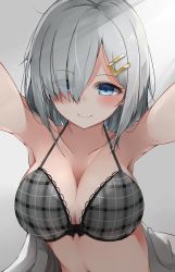Rule 34 | 10s, 1girl, arms up, black bow, blue eyes, blush, bow, bra, breasts, cleavage, closed mouth, cole (coleltu), collarbone, eyebrows, eyes visible through hair, female focus, grey background, hair ornament, hair over one eye, hairclip, hamakaze (kancolle), kantai collection, lace, lace-trimmed bra, lace trim, large breasts, looking at viewer, messy hair, plaid, plaid bra, short hair, silver hair, smile, solo, underwear, upper body