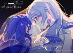 Rule 34 | 2girls, black background, blue eyes, blue hair, bronya rand, chinese commentary, commentary request, couple, eye contact, flower, from side, grey eyes, grey hair, highres, honkai: star rail, honkai (series), kiss, lily (flower), long hair, looking at another, multiple girls, sample watermark, seele (honkai: star rail), shared veil, too many watermarks, upper body, veil, watermark, white flower, yuri, zeroas54653