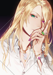 Rule 34 | 1boy, androgynous, blonde hair, bracelet, fate/grand order, fate (series), green eyes, hair down, heterochromia, jewelry, long hair, male focus, nail polish, necklace, purple eyes, ring, shirt, sindri, solo, swept bangs, white shirt, wolfgang amadeus mozart (fate)