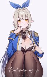 Rule 34 | 1girl, black bra, blue jacket, bra, breasts, brown pantyhose, cleavage, closed mouth, collared shirt, commission, dress shirt, elf, epaulettes, fymrie, hair ribbon, hand up, highres, holding, jacket, knees up, large breasts, lifting own clothes, long hair, long sleeves, looking at viewer, necktie, open clothes, open jacket, open shirt, orange eyes, original, pantyhose, pointy ears, ribbon, shirt, simple background, sitting, smile, solo, thighs, unbuttoned, underwear, very long hair, white background, white hair, white shirt