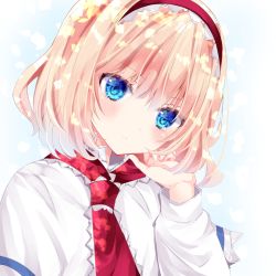 Rule 34 | 1girl, alice margatroid, blonde hair, blue eyes, blush, capelet, closed mouth, commentary, expressionless, hairband, hand on own face, hand up, head tilt, long sleeves, looking at viewer, nanase nao, red neckwear, short hair, simple background, solo, touhou, upper body, white background