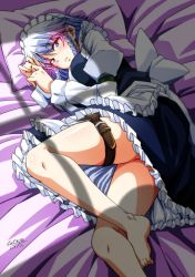 Rule 34 | 1girl, ass, bare legs, barefoot, bed, blue eyes, blue hair, breasts, commentary request, dated, frills, hair ribbon, holster, izayoi sakuya, juliet sleeves, knife sheath, large breasts, long sleeves, looking at viewer, lying, maid headdress, medium breasts, parted lips, pillow, puffy sleeves, ribbon, sheath, signature, tatsuya (guild plus), thigh holster, touhou, window shadow