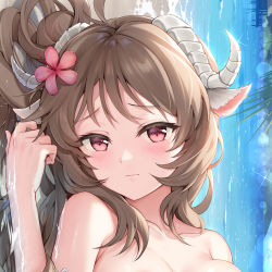 Rule 34 | 1girl, animal ears, antenna hair, arknights, beach, blush, breasts, brown hair, close-up, collarbone, embarrassed, eyjafjalla (arknights), eyjafjalla (summer flower) (arknights), flower, hand up, highres, large breasts, longzaibei01, lying, nude, on side, pink eyes, pink flower, portrait, sand, sheep ears, sheep girl, solo, water