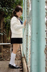 Rule 34 | 1girl, asian, black footwear, brown hair, cardigan, chain-link fence, character request, cosplay, cosplay request, fence, kipi-san, loafers, looking at viewer, miniskirt, outdoors, photo (medium), real life, school uniform, serafuku, shoes, skirt, socks, solo, standing, tagme, tree, white socks