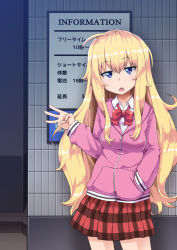 Rule 34 | 1girl, :o, ahoge, blonde hair, blue eyes, bon (moegomi), breasts, chestnut mouth, cowboy shot, english text, gabriel dropout, gabriel tenma white, hand in pocket, hood, hoodie, jitome, long hair, looking at viewer, messy hair, necktie, open mouth, pink hoodie, pleated skirt, school uniform, shirt, skirt, small breasts, solo, tile wall, tiles, w, white shirt