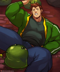 Rule 34 | 1boy, abs, alex (stardew valley), alternate pectoral size, bara, black shirt, brown hair, bulge, creature, denim, feet out of frame, green jacket, imminent fellatio, jacket, jeans, jimsdaydreams, large pectorals, lying, male focus, muscular, muscular male, navel, nipples, on back, pants, pectorals, sexually suggestive, shirt, short hair, sitting, slime (creature), solo, spread legs, stardew valley, stomach, thick thighs, thighs