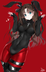 Rule 34 | 1girl, animal ears, aqua eyes, black footwear, blush, boots, breasts, brown hair, commentary, commentary request, fake animal ears, fate/extra, fate/extra record, fate (series), highres, leotard, long hair, long sleeves, looking at viewer, medium breasts, nail polish, official alternate costume, pantyhose, playboy bunny, rabbit ears, red background, red nails, red thighhighs, solo, thigh boots, thigh strap, thighhighs, tohsaka rin, twintails, watosu