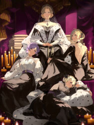 Rule 34 | 4girls, ai-wa, backless dress, backless outfit, bare shoulders, blonde hair, blue eyes, book, book stack, breasts, brown eyes, candle, choker, dress, fire, fire emblem, fire emblem fates, green eyes, highres, jewelry, long sleeves, looking at viewer, looking back, medium breasts, multiple girls, necklace, nintendo, original, ring, short hair, sitting, very short hair