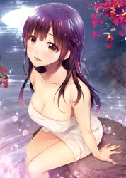 Rule 34 | 1girl, :d, absurdres, alpha (yukai na nakamatachi), arm support, breasts, brown eyes, brown hair, cleavage, collarbone, day, flower, highres, long hair, medium breasts, naked towel, onsen, open mouth, outdoors, red flower, sitting, smile, solo, toranoana, towel, water, wet, white towel