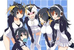 Rule 34 | 10s, 5girls, :d, black hair, breasts, brown eyes, emperor penguin (kemono friends), food, food in mouth, gentoo penguin (kemono friends), hair over one eye, hand on own knee, hands on another&#039;s shoulders, headphones, hood, hoodie, humboldt penguin (kemono friends), jacket, japari bun, kemono friends, large breasts, lineup, medium breasts, mirai denki, mouth hold, multicolored hair, multiple girls, open mouth, penguin tail, penguins performance project (kemono friends), red eyes, rockhopper penguin (kemono friends), royal penguin (kemono friends), salute, smile, streaked hair, tail, zipper