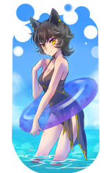 Rule 34 | 1girl, animal ears, black hair, blue innertube, blue sky, breasts, casual one-piece swimsuit, cat ears, cat girl, cleavage, cloud, commentary request, earrings, highres, iesupa, innertube, jewelry, kali belladonna, mature female, medium breasts, one-piece swimsuit, paw print, rwby, sky, smile, solo, swim ring, swimsuit, transparent, wading, water, yellow eyes
