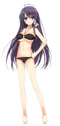 Rule 34 | 1girl, absurdres, barefoot, bikini, blue hair, full body, grin, hand on own hip, highres, long hair, mizuno rin, navel, non-web source, o-ring, o-ring top, purple eyes, reminiscence, smile, solo, swimsuit, tomose shunsaku, transparent background, very long hair, white background