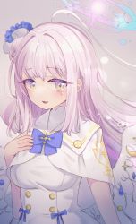 Rule 34 | 1girl, angel wings, blue archive, blue ribbon, capelet, crying, crying with eyes open, dress, feathered wings, flower, gradient background, hair bun, hair flower, hair ornament, halo, highres, long hair, looking at viewer, low wings, mika (blue archive), pink hair, ribbon, saebashi, single hair bun, single side bun, sleeveless, sleeveless dress, solo, tears, white capelet, white dress, white wings, wing ornament, wings, yellow eyes
