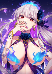 Rule 34 | 12 hnt, 1girl, bare shoulders, blue fire, blush, body markings, bracelet, breasts, earrings, fate/grand order, fate (series), fire, flower, hair flower, hair ornament, hair ribbon, jewelry, kama (fate), kama (swimsuit avenger) (fate), kama (swimsuit avenger) (third ascension) (fate), large breasts, long hair, looking at viewer, lotus, multicolored hair, nail polish, purple hair, red eyes, revealing clothes, ribbon, silver hair, star (symbol), star earrings, two-tone hair