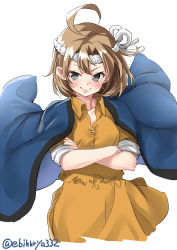 Rule 34 | 1girl, ahoge, black eyes, brown hair, commentary request, crossed arms, ebifurya, gunbuster pose, hachimaki, happi, headband, highres, japanese clothes, kantai collection, looking to the side, oboro (kancolle), orange shirt, shirt, short hair, simple background, sleeves rolled up, solo, twitter username, upper body, white background