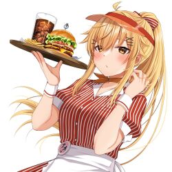 Rule 34 | 1girl, apron, blonde hair, blush, bow, breasts, brown eyes, brown hat, burger, closed mouth, cola, collared shirt, commentary request, cup, dress shirt, drinking glass, food, french fries, frilled apron, frills, hair between eyes, hair bow, hands up, hat, holding, holding tray, ice, ice cube, komori kuzuyu, long hair, medium breasts, nao (kuzuyu), original, ponytail, puffy short sleeves, puffy sleeves, red shirt, red skirt, shirt, short sleeves, simple background, skirt, solo, striped bow, striped clothes, striped shirt, striped skirt, tray, vertical-striped clothes, vertical-striped shirt, vertical-striped skirt, very long hair, visor cap, waist apron, white apron, white background, wrist cuffs