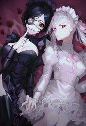 Rule 34 | 2girls, absurdres, alternate costume, black clover, black dress, black hair, black headwear, black legwear, bow, bowtie, breasts, cleavage, cropped jacket, cross-laced slit, dress, emblem, eyepatch, finger to mouth, framed breasts, frilled dress, frills, frit 2, frown, garter straps, high collar, highres, holding hands, lace-trimmed collar, lace trim, long hair, long sleeves, looking at viewer, lying, maid, maid headdress, multiple girls, noelle silva, on back, parted bangs, petals, peter pan collar, purple eyes, red eyes, ribbon, rose petals, short hair, side slit, silver hair, smile, spade (shape), thighhighs, twintails, vanica zogratis, white dress, white headwear, yandere