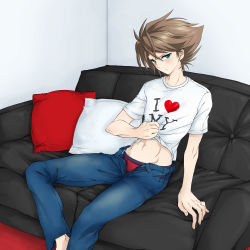 Rule 34 | 10s, 1boy, abs, barefoot, blush, brown hair, cardfight!! vanguard, clothes lift, couch, green eyes, highres, kai toshiki, looking at viewer, male focus, muscular, pillow, shirt lift, sweat, tagme, underwear, undressing