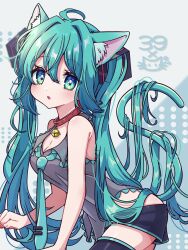 Rule 34 | 1girl, :o, ahoge, animal ears, aqua eyes, aqua hair, bare shoulders, bell, black shorts, black skirt, breasts, cat ears, cat girl, cat tail, cleavage, collar, hatsune miku, highres, irasutogakari, jingle bell, kemonomimi mode, leaning forward, long hair, looking at viewer, medium breasts, neck bell, necktie, open mouth, polka dot, polka dot background, red collar, shorts, skirt, sleeveless, solo, tail, thighhighs, twintails, very long hair, vocaloid